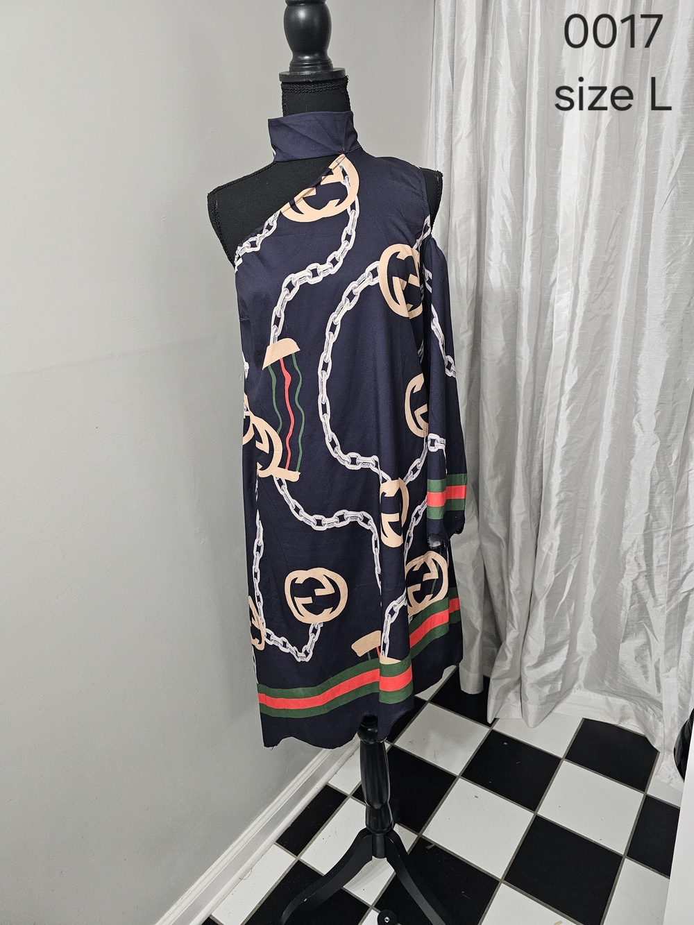 Navy One-Shoulder Chain Print Dress
